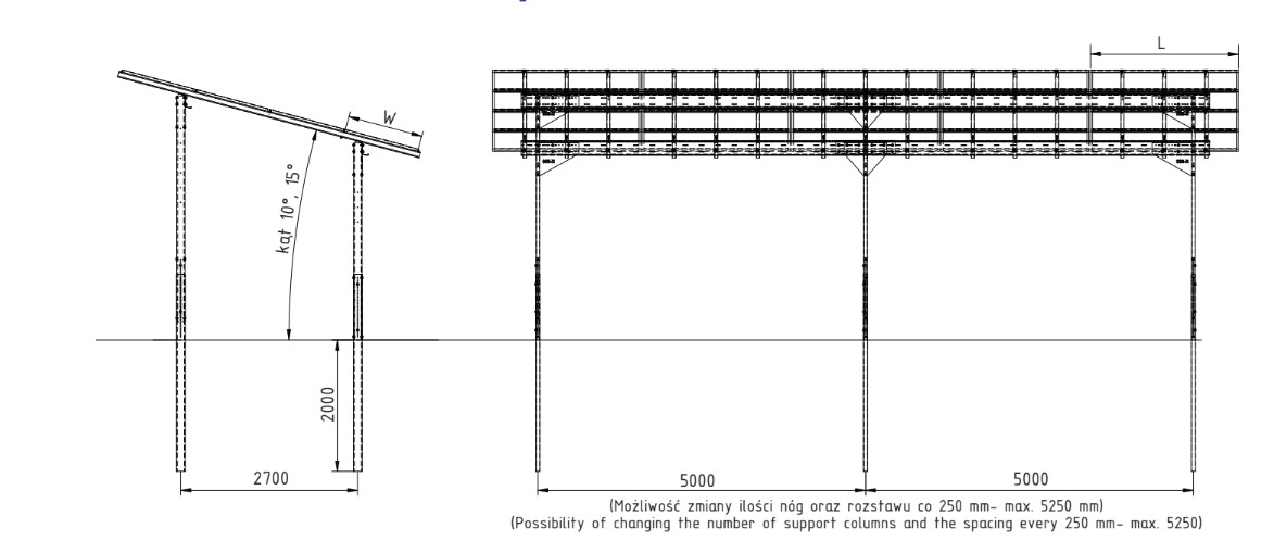 Schemat konstrukcji Carport K6300Z z wymiarami: kąt 10-15 stopni, rozstaw 5000mm, wysokość wejścia 2000-2700mm