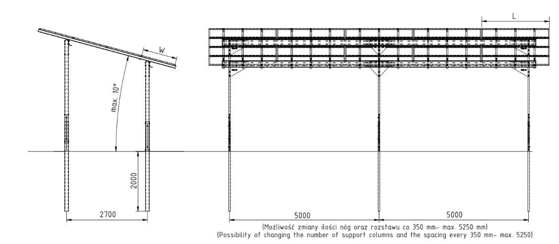 Schemat konstrukcji Carport K6500 z wymiarami: max 10 stopni, wysokość 2000-2700mm